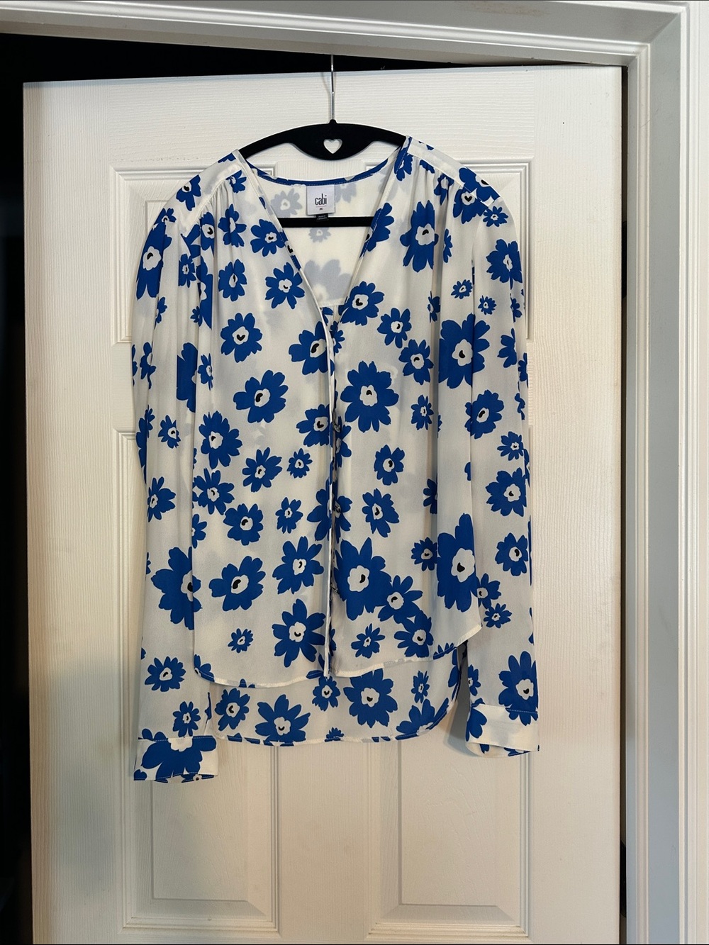 CAbi White Blouse with Bold Blue Floral Print